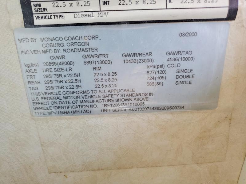 Aukcja sprzedaży 2000 Roadmaster Monaco Rv, vin: 1RF120613Y1010065, numer aukcji: 47215966