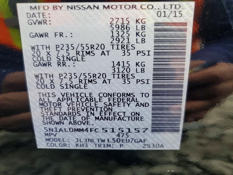 45544356 :رقم المزاد ، 5N1AL0MM4FC515157 vin ، 2015 Infiniti Qx60 مزاد بيع