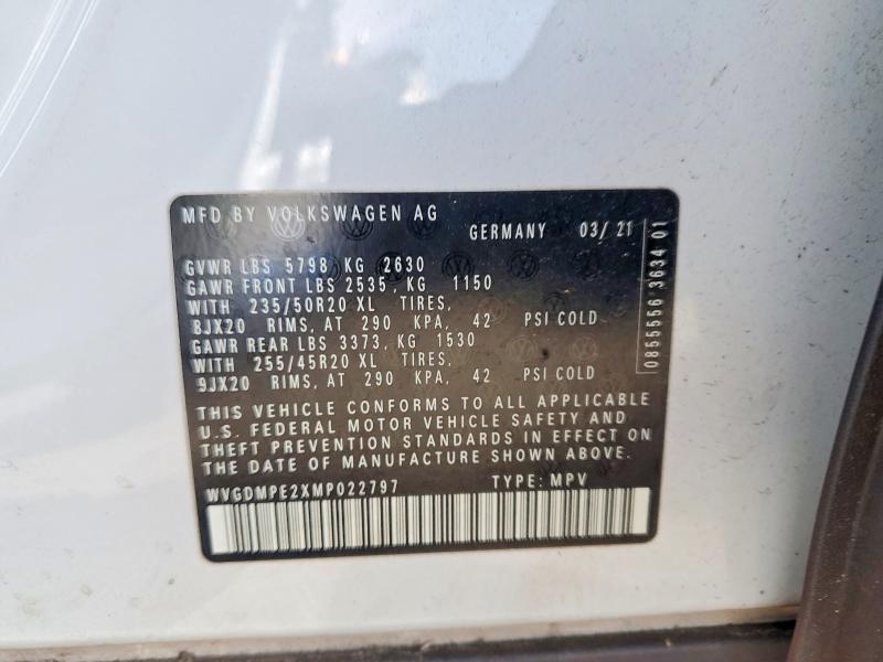 2021 Volkswagen Id.4 მანქანა იყიდება აუქციონზე, vin: WVGDMPE2XMP022797, აუქციონის ნომერი: 45476376