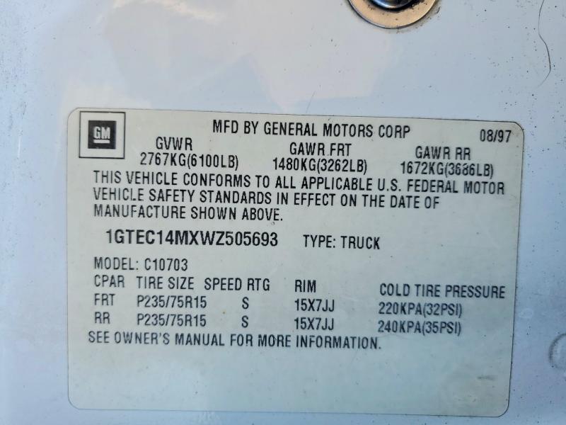 Aukcja sprzedaży 1998 Gmc Sierra, vin: 1GTEC14MXWZ505693, numer aukcji: 45886406