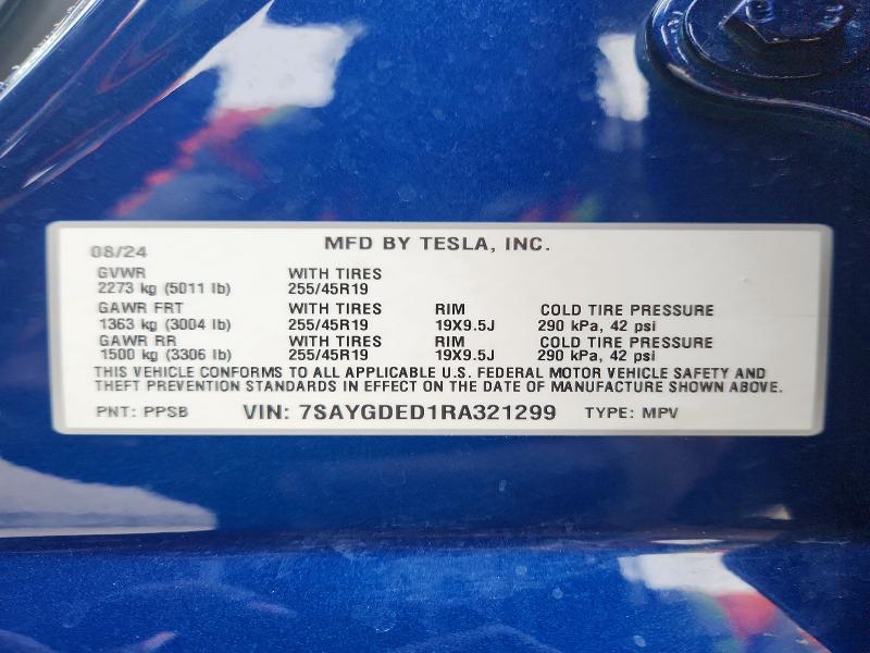 2024 Tesla Model Y მანქანა იყიდება აუქციონზე, vin: 7SAYGDED1RA321299, აუქციონის ნომერი: 47699726