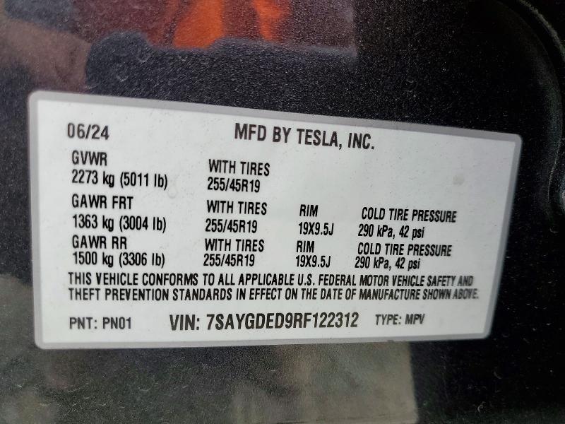 47982236 :رقم المزاد ، 7SAYGDED9RF122312 vin ، 2024 Tesla Model Y مزاد بيع