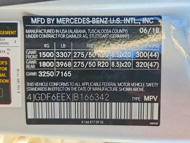 46178726 :رقم المزاد ، 4JGDF6EEXJB166342 vin ، 2018 Mercedes-benz Gls مزاد بيع