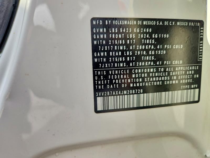 Aukcja sprzedaży 2018 Volkswagen Tiguan, vin: 3VV2B7AX4JM208728, numer aukcji: 47790046