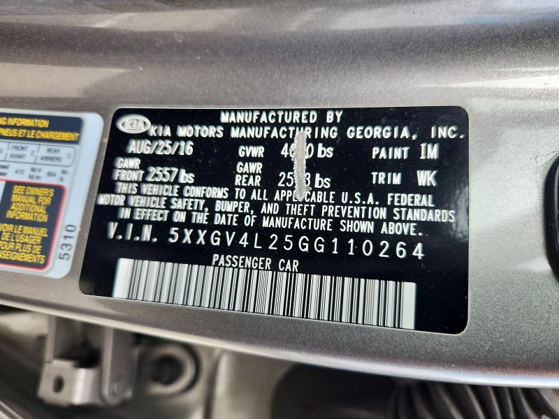 Aukcja sprzedaży 2016 Kia Optima, vin: 5XXGV4L25GG110264, numer aukcji: 48087836