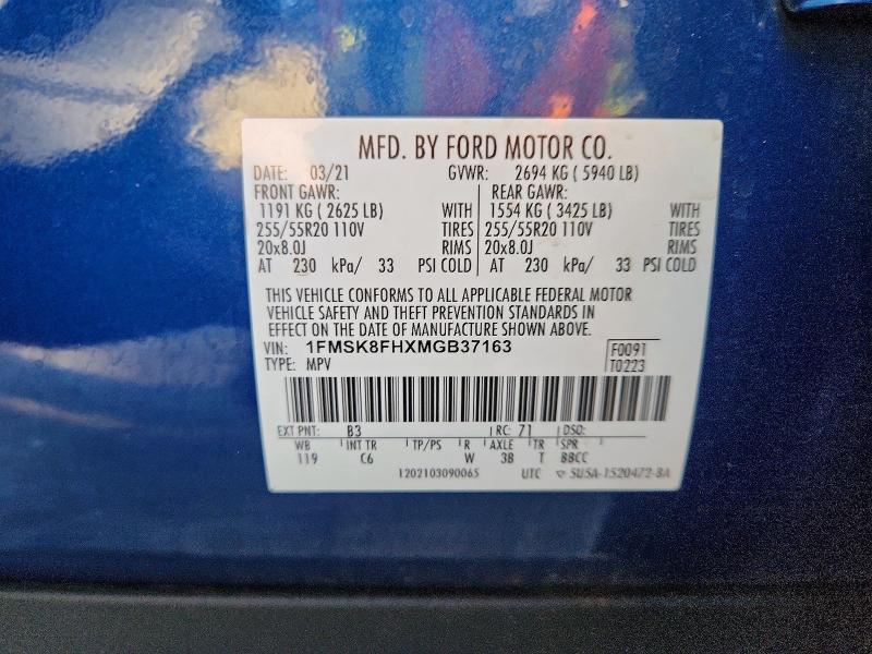 47538646 :رقم المزاد ، 1FMSK8FHXMGB37163 vin ، 2021 Ford Explorer مزاد بيع