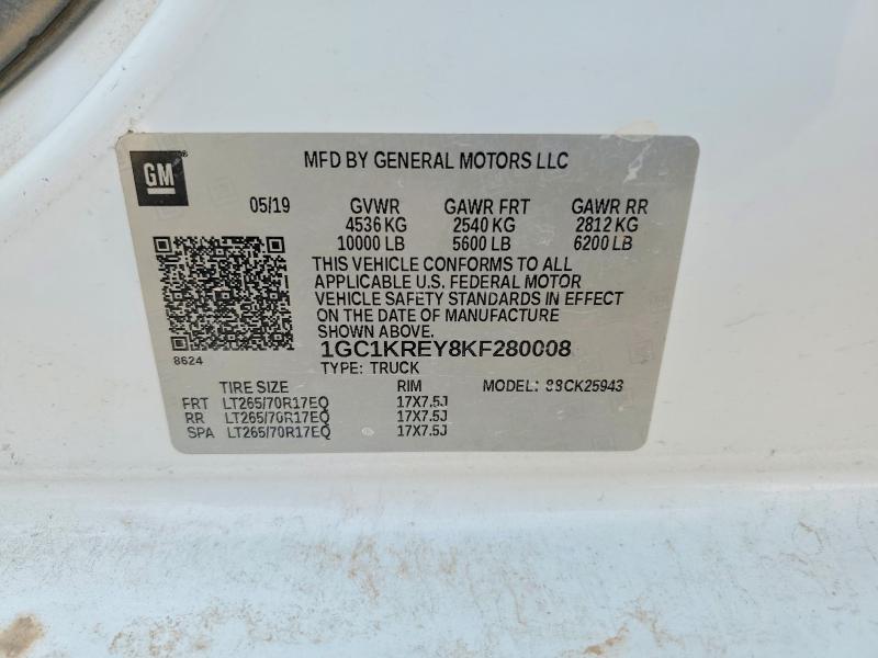 2019 Chevrolet Silverado მანქანა იყიდება აუქციონზე, vin: 1GC1KREY8KF280008, აუქციონის ნომერი: 79355145