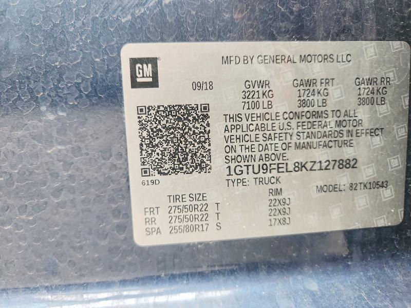 47919666 :رقم المزاد ، 1GTU9FEL8KZ127882 vin ، 2019 Gmc Sierra مزاد بيع
