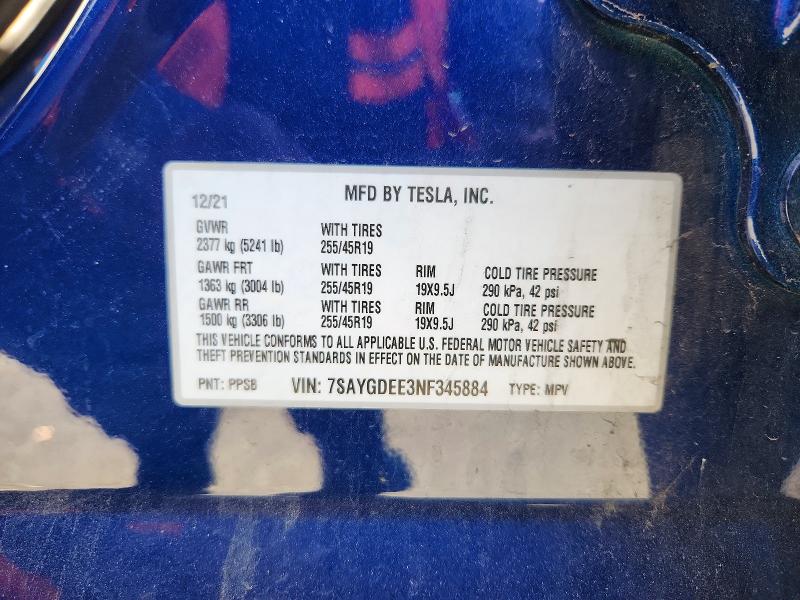 41618616 :رقم المزاد ، 7SAYGDEE3NF345884 vin ، 2022 Tesla Model Y مزاد بيع