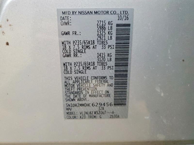 47806016 :رقم المزاد ، 5N1DR2MM0HC629456 vin ، 2017 Nissan Pathfinder مزاد بيع