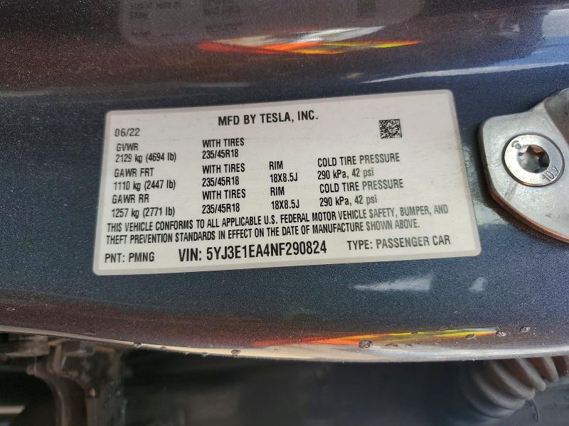 2022 Tesla Model 3 მანქანა იყიდება აუქციონზე, vin: 5YJ3E1EA4NF290824, აუქციონის ნომერი: 48177306