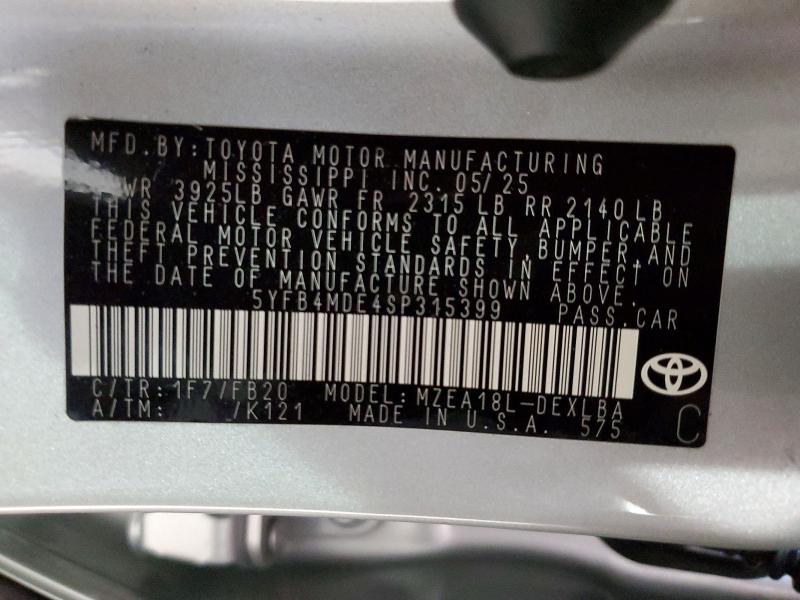 Продаж на аукціоні авто 2025 Toyota Corolla, vin: 5YFB4MDE4SP315399, номер лоту: 46983786