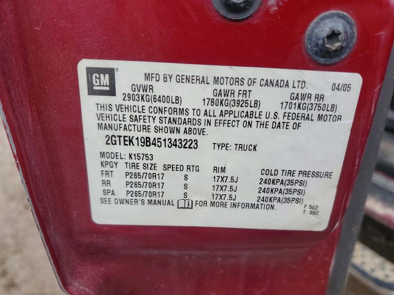 45965966 :رقم المزاد ، 2GTEK19B451343223 vin ، 2005 Gmc New Sierra مزاد بيع