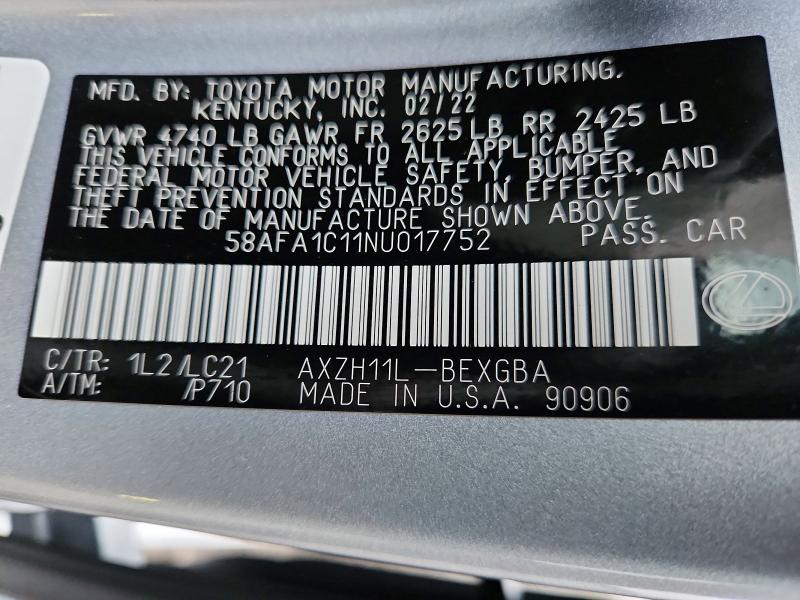 Продаж на аукціоні авто 2022 Lexus Es 300h, vin: 58AFA1C11NU017752, номер лоту: 41762156