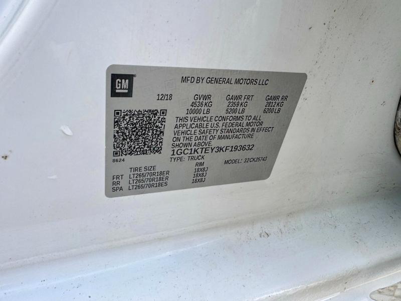 2019 Chevrolet Silverado მანქანა იყიდება აუქციონზე, vin: 1GC1KTEY3KF193632, აუქციონის ნომერი: 47016316