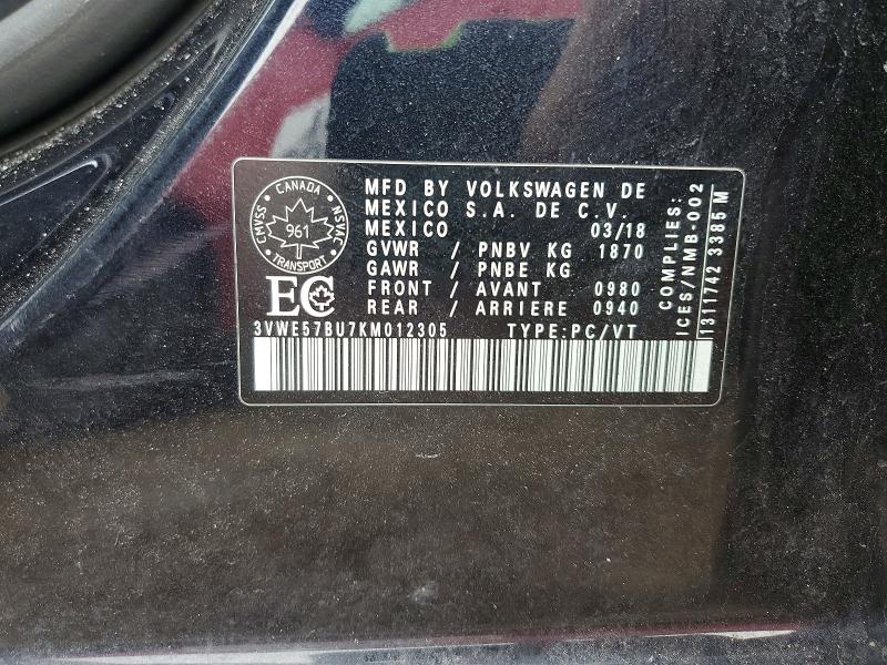 2019 Volkswagen Jetta მანქანა იყიდება აუქციონზე, vin: 3VWE57BU7KM012305, აუქციონის ნომერი: 47706496