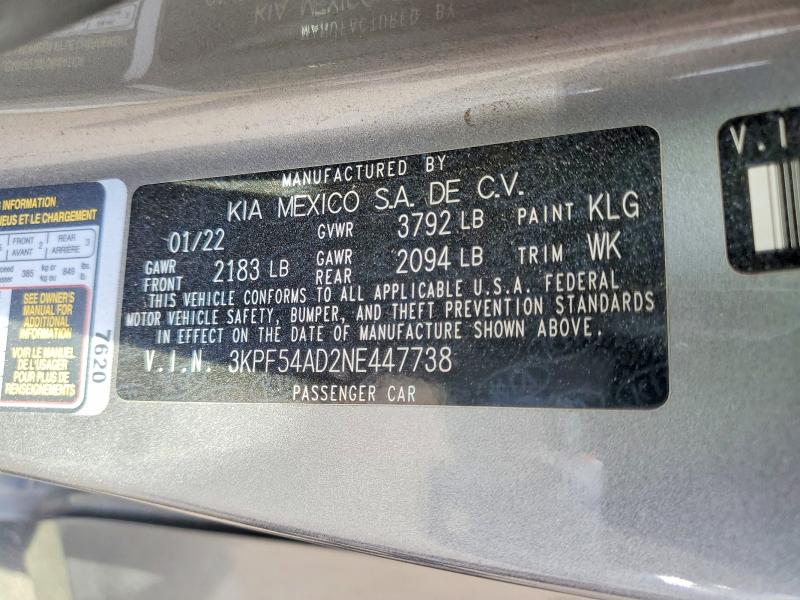 47750046 :رقم المزاد ، 3KPF54AD2NE447738 vin ، 2022 Kia Forte مزاد بيع