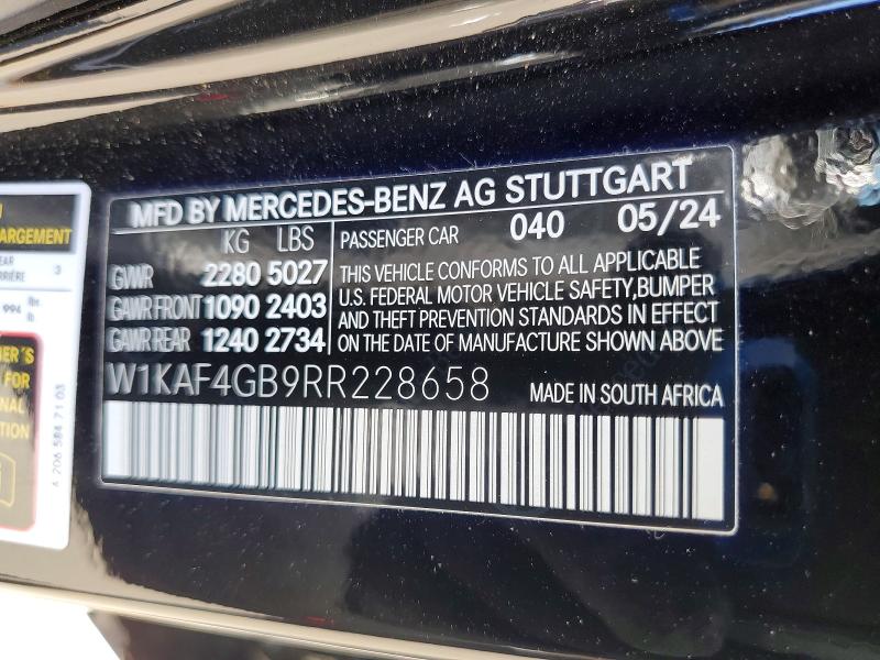 2024 Mercedes-benz C მანქანა იყიდება აუქციონზე, vin: W1KAF4GB9RR228658, აუქციონის ნომერი: 79090255
