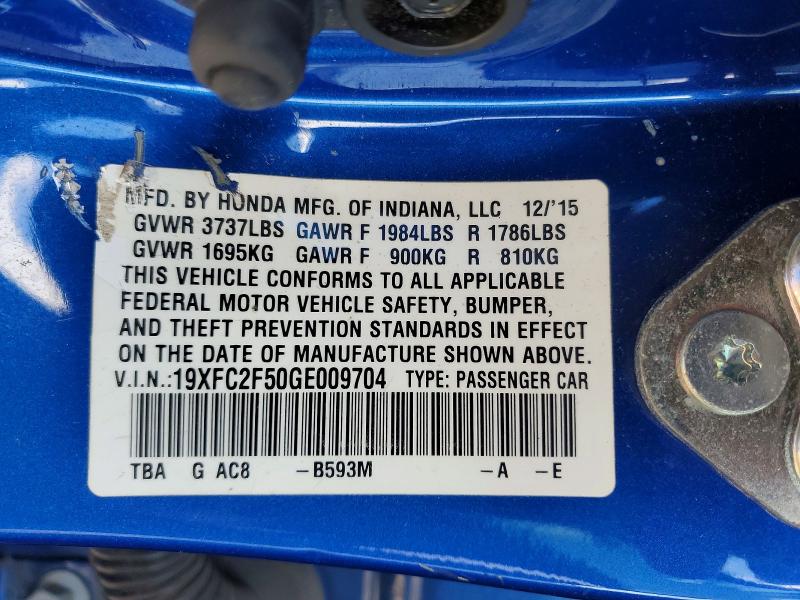 2016 Honda Civic მანქანა იყიდება აუქციონზე, vin: 19XFC2F50GE009704, აუქციონის ნომერი: 46355526