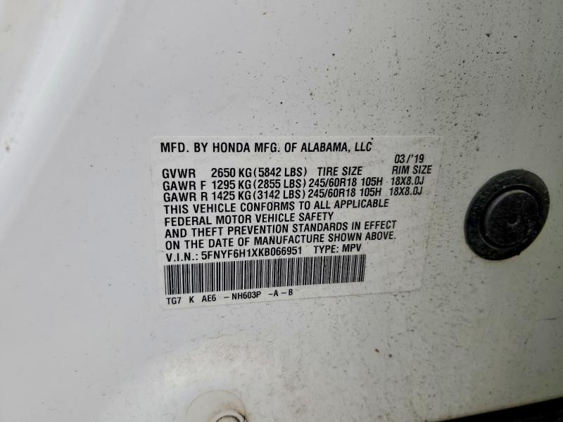 48087596 :رقم المزاد ، 5FNYF6H1XKB066951 vin ، 2019 Honda Pilot مزاد بيع