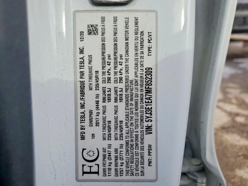76246365 :رقم المزاد ، 5YJ3E1EA7MF852309 vin ، 2021 Tesla Model 3 مزاد بيع