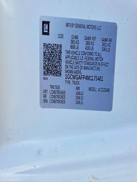 2021 Chevrolet Express 2500 მანქანა იყიდება აუქციონზე, vin: 1GCWGAFP4M1175481, აუქციონის ნომერი: 61989546