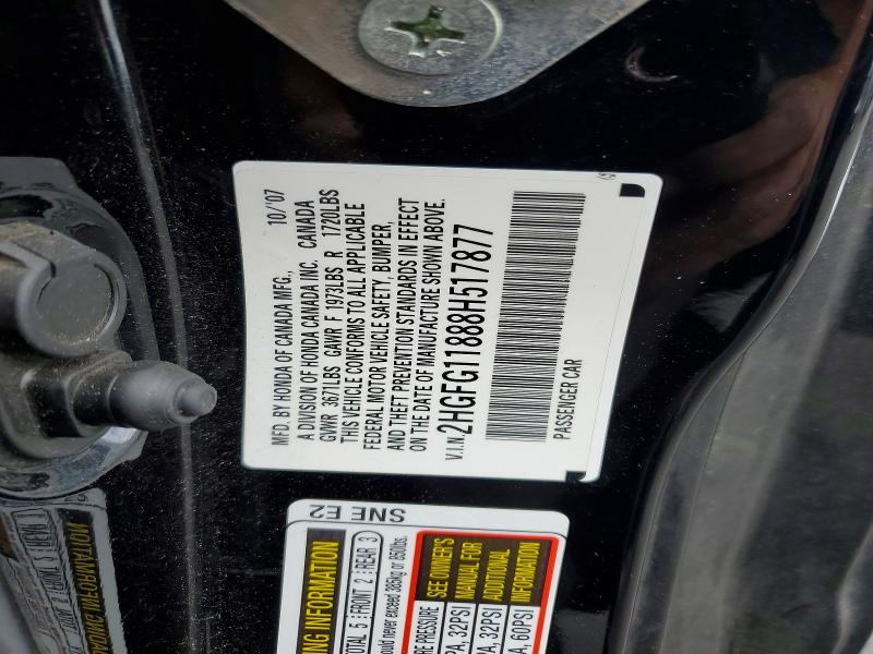 2008 Honda Civic მანქანა იყიდება აუქციონზე, vin: 2HGFG11888H517877, აუქციონის ნომერი: 48304056
