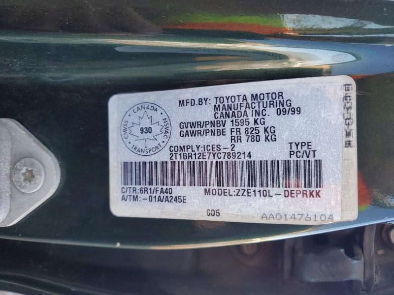 Auction sale of the 2000 Toyota Corolla, vin: 2T1BR12E7YC789214, lot number: 76530775