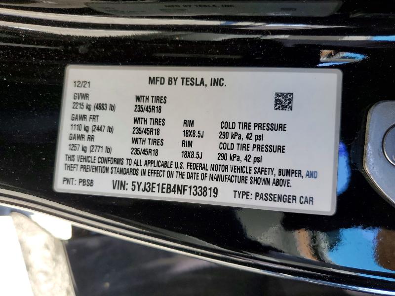 2022 Tesla Model 3 მანქანა იყიდება აუქციონზე, vin: 5YJ3E1EB4NF133819, აუქციონის ნომერი: 41898316