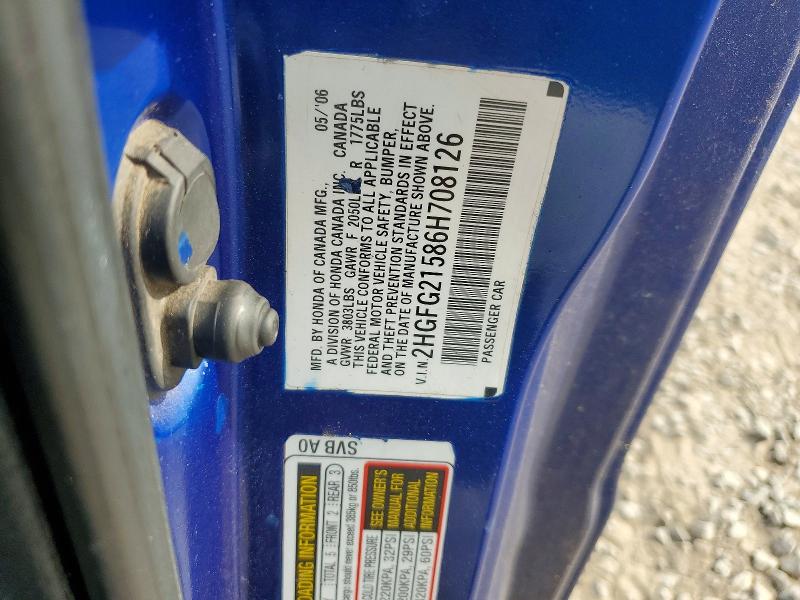 48318866 :رقم المزاد ، 2HGFG21586H708126 vin ، 2006 Honda Civic مزاد بيع