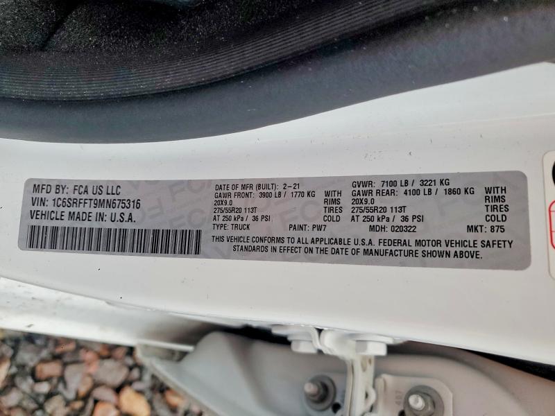 2021 Ram 1500 მანქანა იყიდება აუქციონზე, vin: 1C6SRFFT9MN675316, აუქციონის ნომერი: 79730055