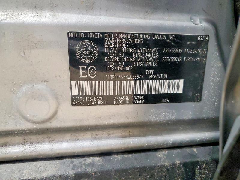 47622486 :رقم المزاد ، 2T3R1RFV7KW038674 vin ، 2019 Toyota Rav4 مزاد بيع