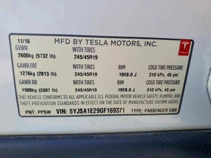 46408196 :رقم المزاد ، 5YJSA1E29GF169371 vin ، 2016 Tesla Model S مزاد بيع