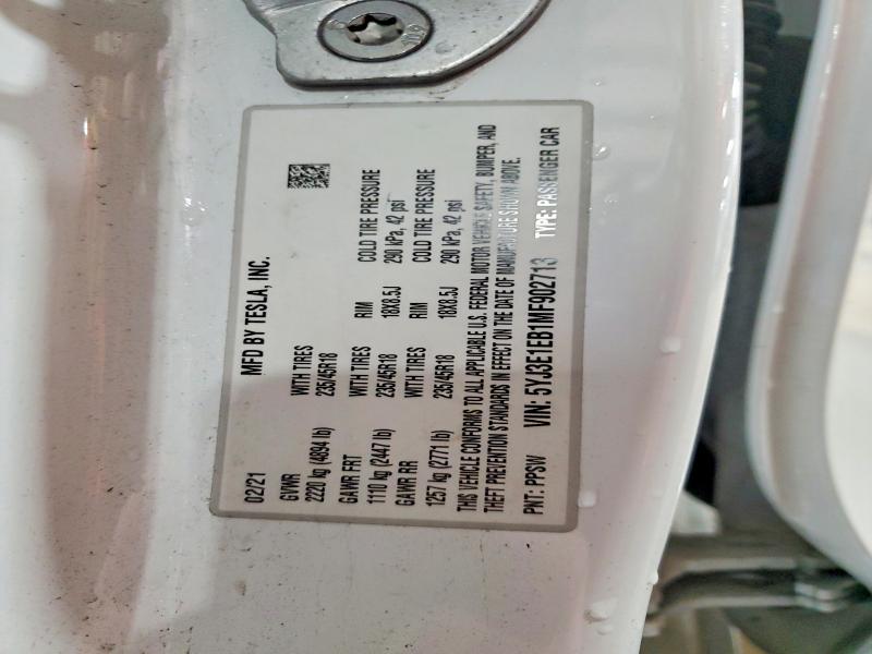 2021 Tesla Model 3 მანქანა იყიდება აუქციონზე, vin: 5YJ3E1EB1MF902713, აუქციონის ნომერი: 47989256