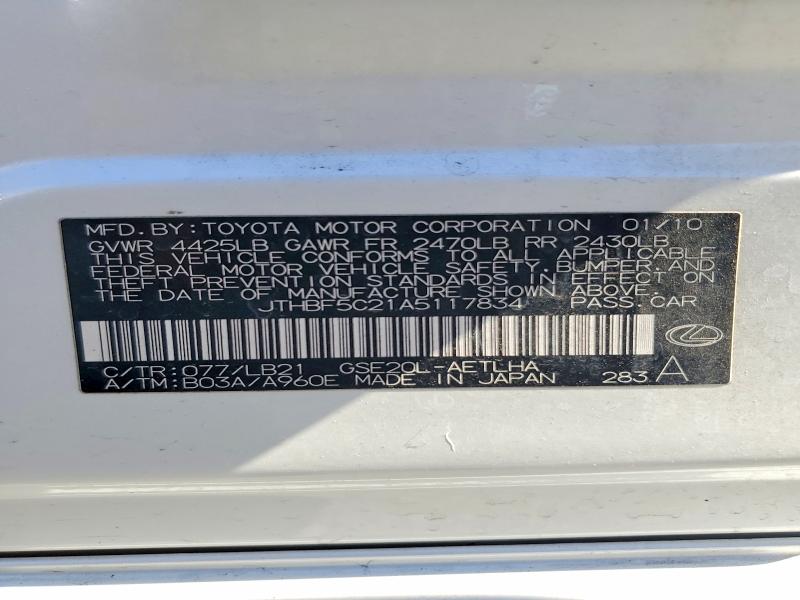 46762506 :رقم المزاد ، JTHBF5C21A5117834 vin ، 2010 Lexus Is 250 مزاد بيع
