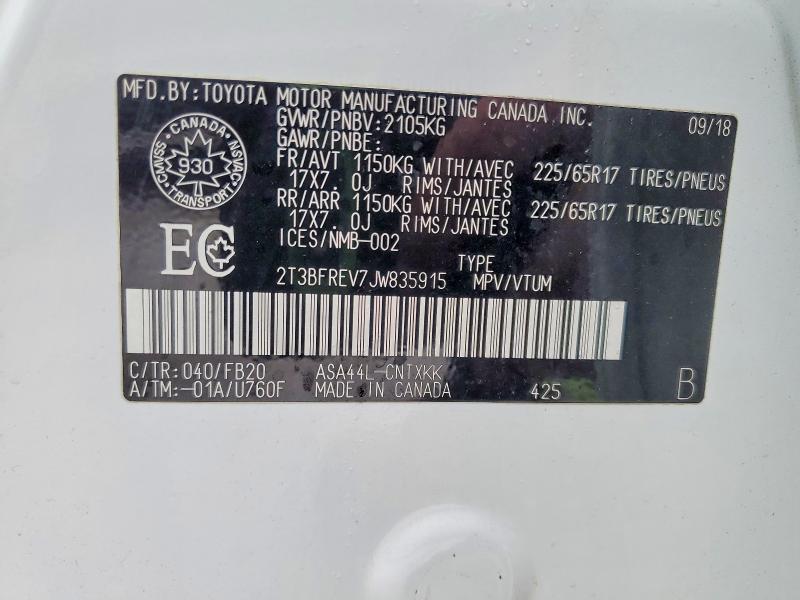 2018 Toyota Rav4 Le Aw მანქანა იყიდება აუქციონზე, vin: 2T3BFREV7JW835915, აუქციონის ნომერი: 79091845