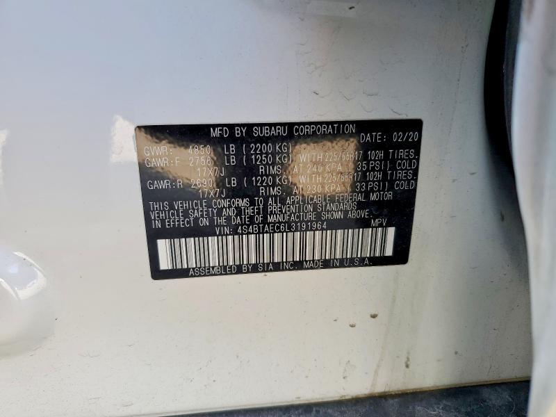 45745116 :رقم المزاد ، 4S4BTAEC6L3191964 vin ، 2020 Subaru Outback مزاد بيع