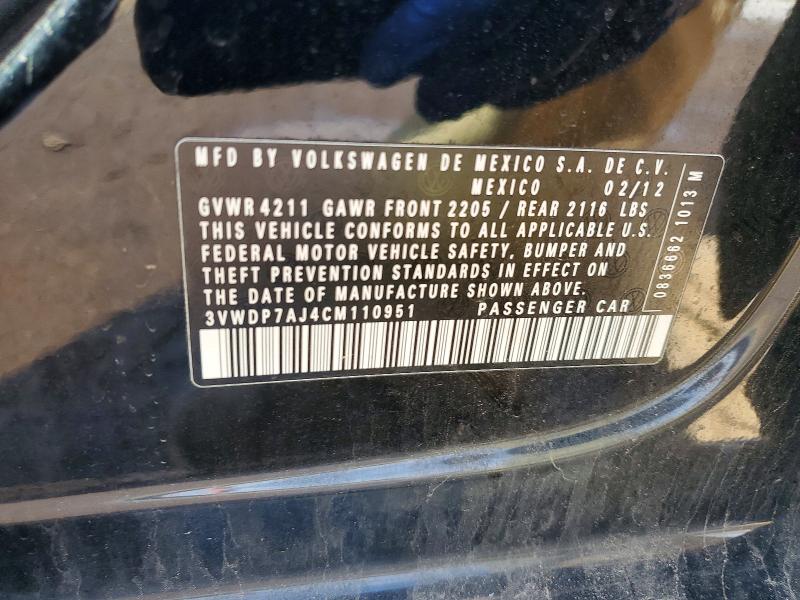 Aukcja sprzedaży 2012 Volkswagen Jetta, vin: 3VWDP7AJ4CM110951, numer aukcji: 41697576