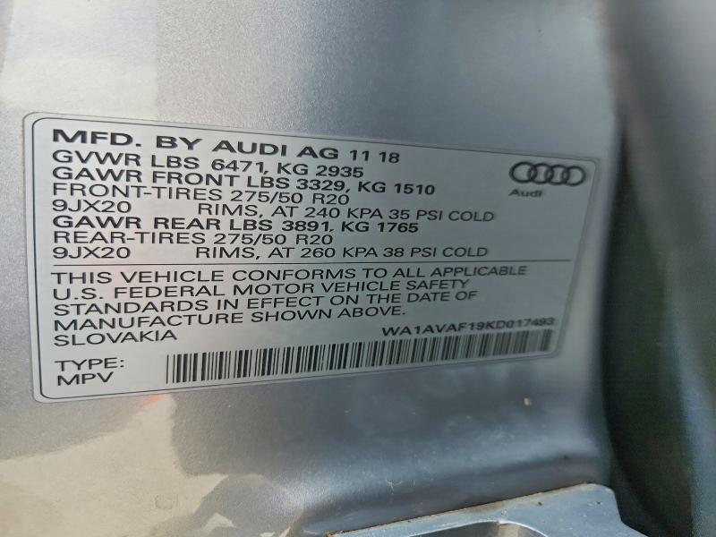 48252996 :رقم المزاد ، WA1AVAF19KD017493 vin ، 2019 Audi Q8 مزاد بيع