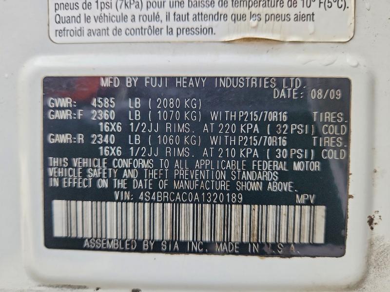 79765525 :رقم المزاد ، 4S4BRCAC0A1320189 vin ، 2010 Subaru Outback مزاد بيع