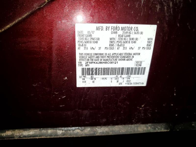 46100306 :رقم المزاد ، 2FMPK4J86HBC08121 vin ، 2017 Ford Edge مزاد بيع