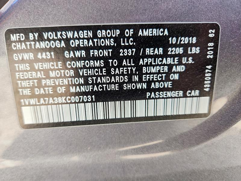 Продажа на аукционе авто 2019 Volkswagen Passat, vin: 1VWLA7A38KC007031, номер лота: 46667666