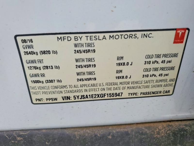2016 Tesla Model S მანქანა იყიდება აუქციონზე, vin: 5YJSA1E2XGF155947, აუქციონის ნომერი: 47745266
