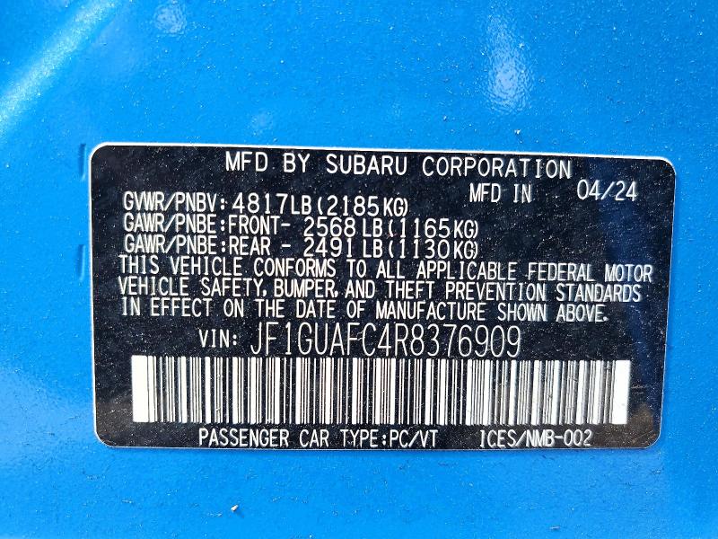 2024 Subaru Impreza მანქანა იყიდება აუქციონზე, vin: JF1GUAFC4R8376909, აუქციონის ნომერი: 41794006