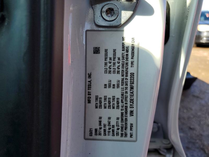 2021 Tesla Model 3 მანქანა იყიდება აუქციონზე, vin: 5YJ3E1EA7MF922200, აუქციონის ნომერი: 45866356