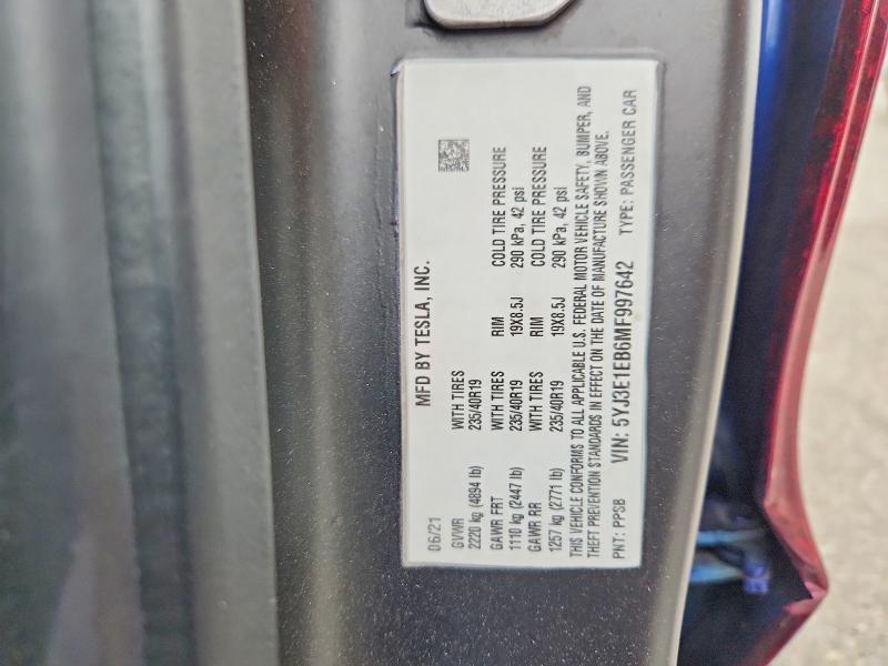 2021 Tesla Model 3 მანქანა იყიდება აუქციონზე, vin: 5YJ3E1EB6MF997642, აუქციონის ნომერი: 46454586