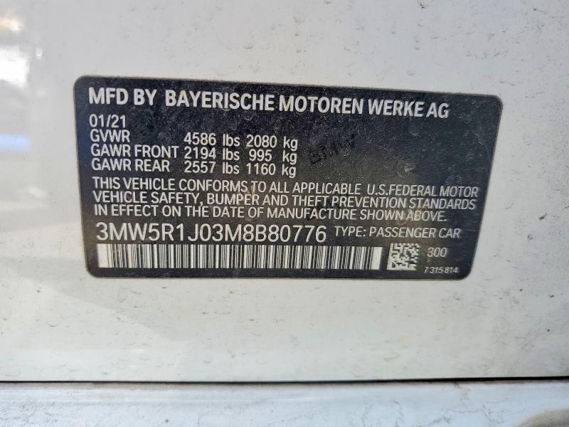 2021 Bmw 330i მანქანა იყიდება აუქციონზე, vin: 3MW5R1J03M8B80776, აუქციონის ნომერი: 47066466