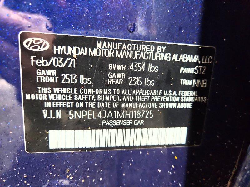 2021 Hyundai Sonata მანქანა იყიდება აუქციონზე, vin: 5NPEL4JA1MH118725, აუქციონის ნომერი: 47902496