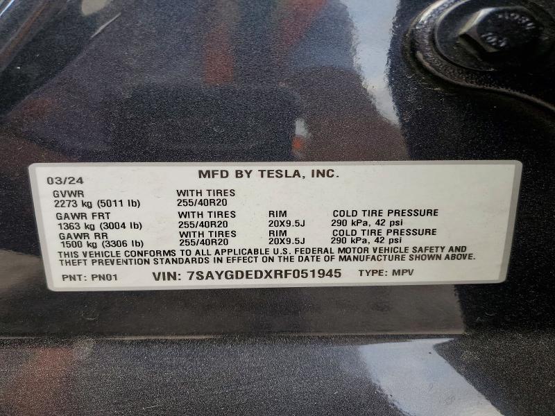 41803836 :رقم المزاد ، 7SAYGDEDXRF051945 vin ، 2024 Tesla Model Y مزاد بيع
