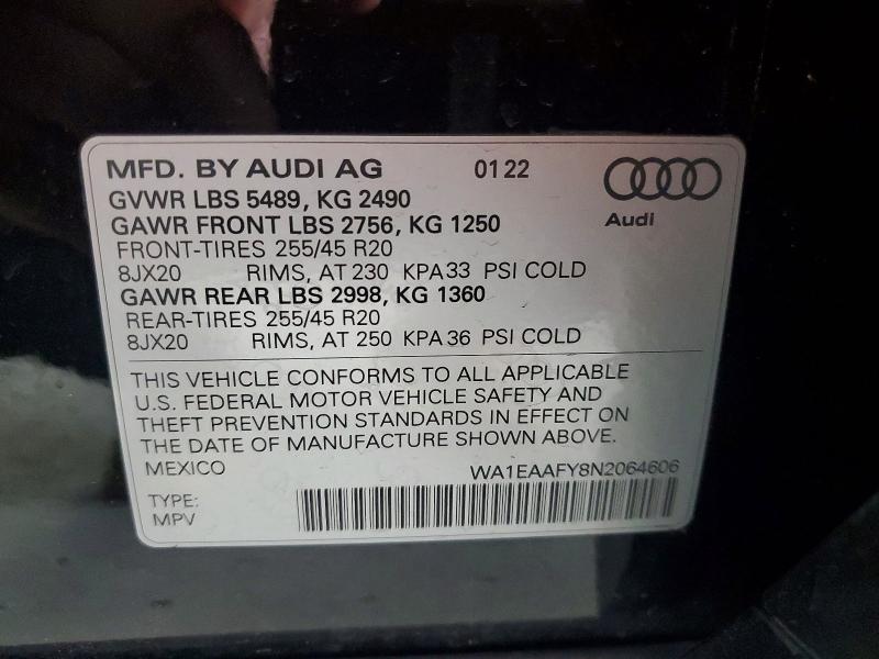 2022 Audi Q5 მანქანა იყიდება აუქციონზე, vin: WA1EAAFY8N2064606, აუქციონის ნომერი: 47296556